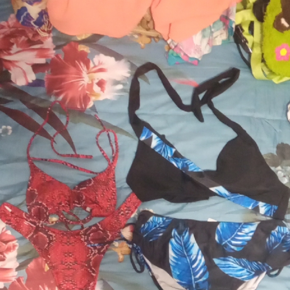 Red Snakeskin and Blue Leaf Print Bikinis Sz Large New